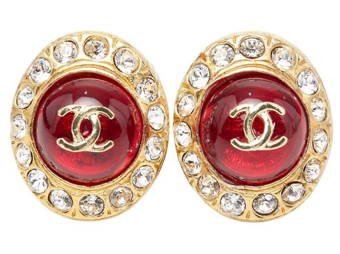 Pendientes de clip Chanel Coco Mark Gripoir Rhinestone Roja Dorado - vista 2