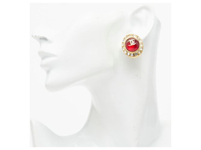 Pendientes de clip Chanel Coco Mark Gripoir Rhinestone Roja Dorado - vista 5