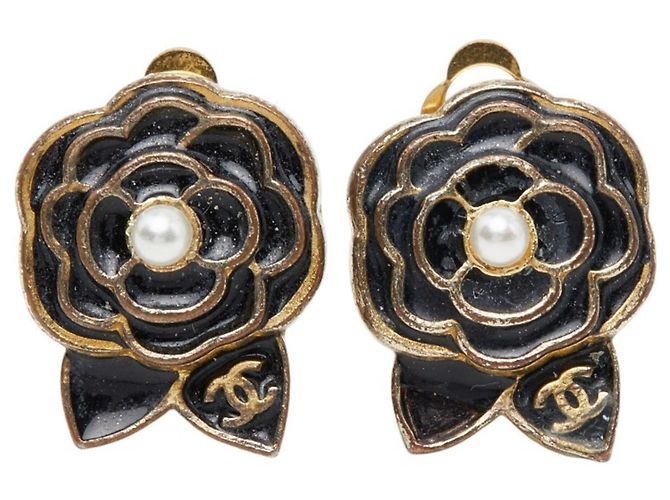 Chanel Camellia Coco Mark Ohrringe Schwarz Golden - Ansicht 2