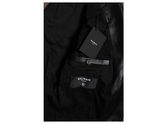 Balmain, Giacca biker in pelle nera con zip e logo Nero - vista 10