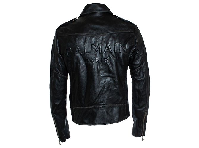 Balmain, Giacca biker in pelle nera con zip e logo Nero - vista 2