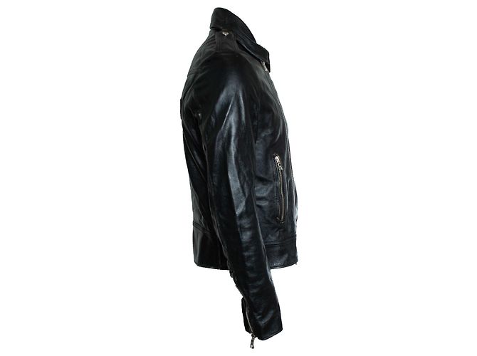 Balmain, Giacca biker in pelle nera con zip e logo Nero - vista 4