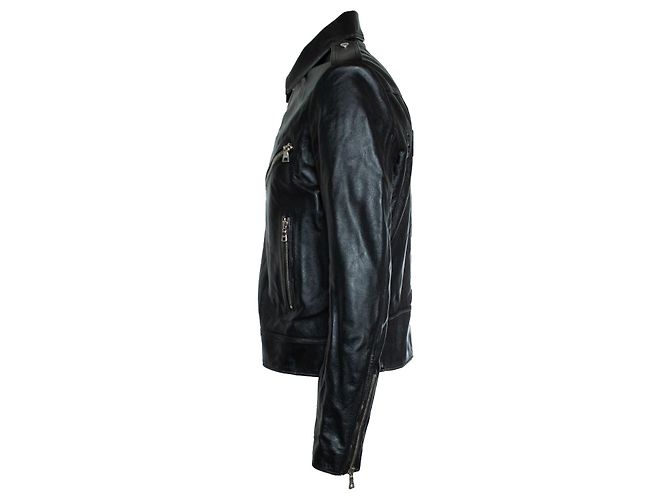 Balmain, Giacca biker in pelle nera con zip e logo Nero - vista 5