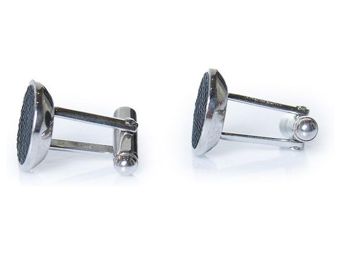 Prada, silver toned and black leather cufflinks Silvery Metallic - view 5
