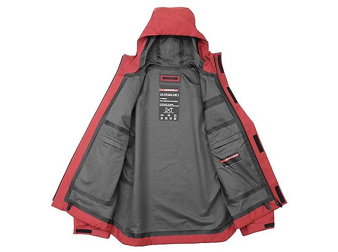 Jaqueta com capuz impermeável de poliéster reciclado Prada Extreme Techs Preto Vermelho - vista 8
