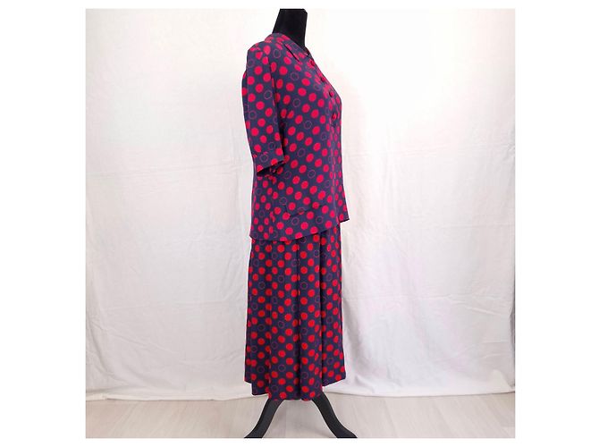 Pierre Balmain Set Vintage Gonna e Camicetta in Seta a Pois Rossi Rosso Blu scuro - vista 2
