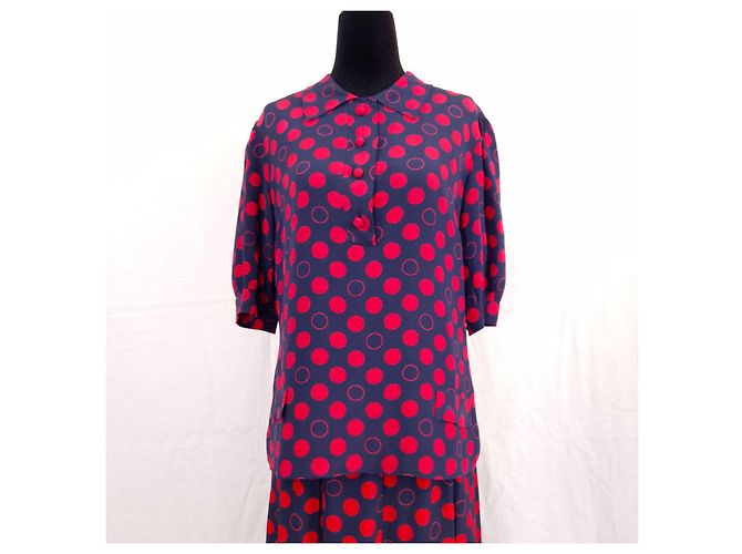 Pierre Balmain Set Vintage Gonna e Camicetta in Seta a Pois Rossi Rosso Blu scuro - vista 4