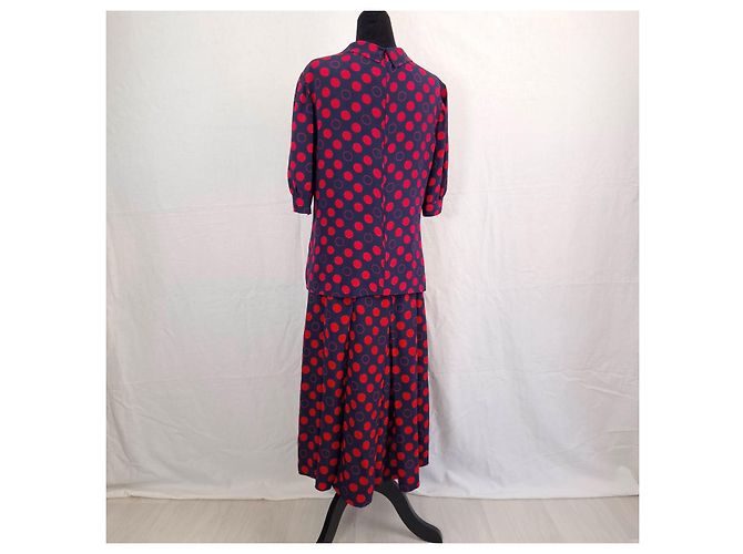 Pierre Balmain Set Vintage Gonna e Camicetta in Seta a Pois Rossi Rosso Blu scuro - vista 5