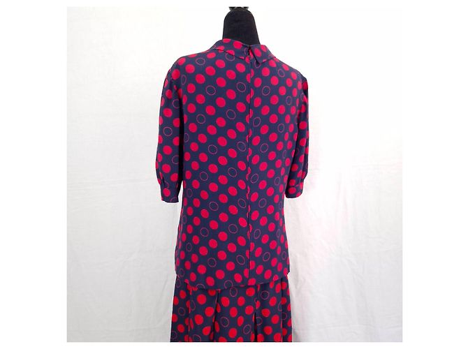 Pierre Balmain Set Vintage Gonna e Camicetta in Seta a Pois Rossi Rosso Blu scuro - vista 6