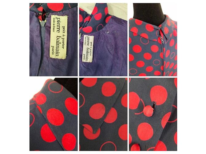 Pierre Balmain Set Vintage Gonna e Camicetta in Seta a Pois Rossi Rosso Blu scuro - vista 8
