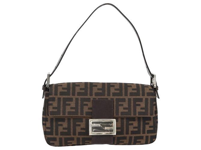 FENDI Zucca Canvas Mamma Baguette Shoulder Bag Black Brown Auth 178872SAM Marrone Nero - vista 2