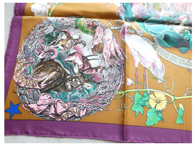Hermès Seidentuch "Faune et Flore du Texas" Braun Pink Weiß Mehrfarben Grün - Ansicht 13