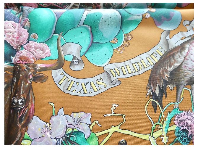 Hermès Seidentuch "Faune et Flore du Texas" Braun Pink Weiß Mehrfarben Grün - Ansicht 3