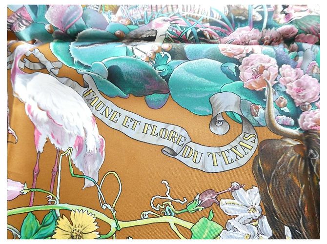 Hermès Seidentuch "Faune et Flore du Texas" Braun Pink Weiß Mehrfarben Grün - Ansicht 4