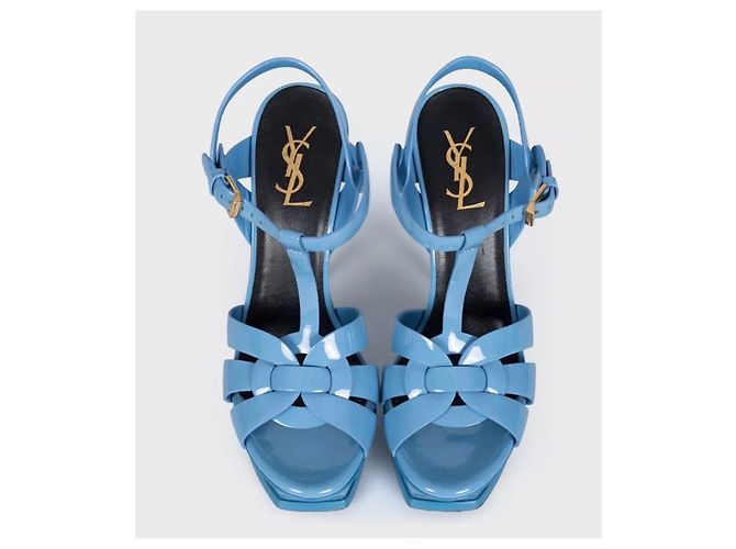 Sandali con plateau in pelle blu Saint Laurent Tribute Taglia 38 - vista 2
