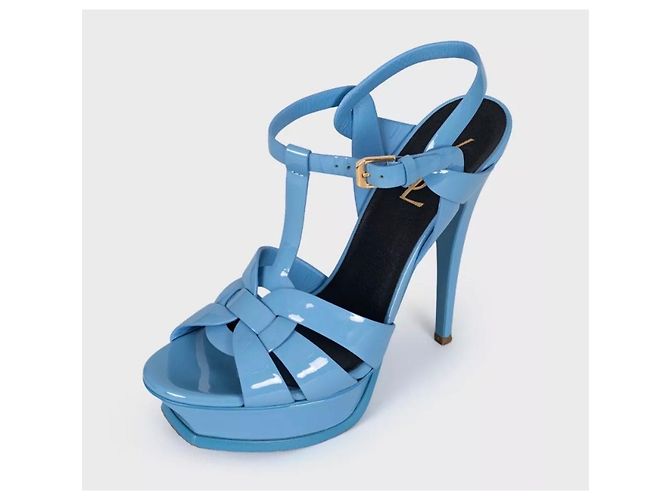 Sandali con plateau in pelle blu Saint Laurent Tribute Taglia 38 - vista 3