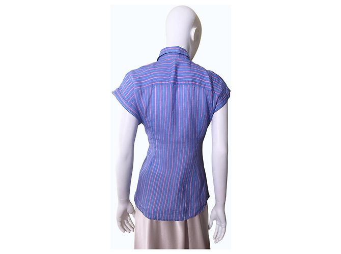 120% Lino Gestreiftes Leinenmischgewebe-Hemd mit Bindegürtel Pink Blau - Ansicht 5