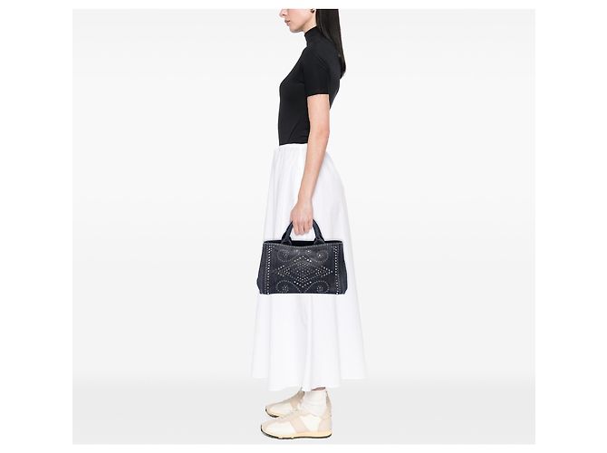 Tote Borsa satchel in denim grigio con borchie e logo Canapa Prada Marrone - vista 6
