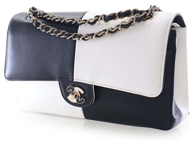 Chanel Black Medium Classic Bicolor Lambskin Geometric Colorblock Double Flap - vista 2