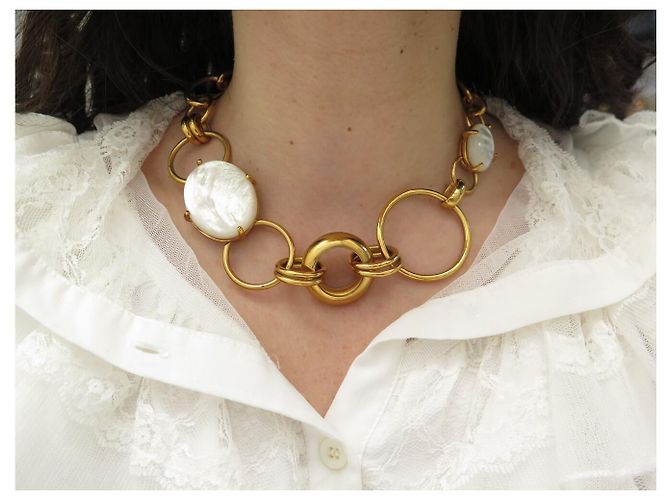COLLANA PHILIPPE FERRANDIS CHUNKY RAS DEL COLLO CON MAGLIE XXL MADREPERLA D'oro - vista 11