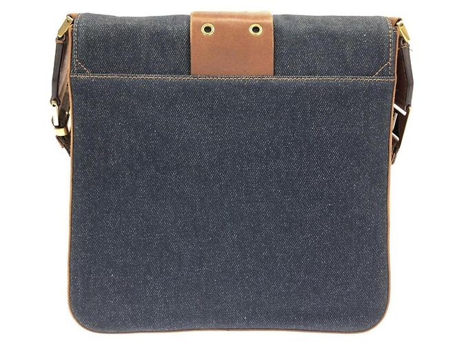 Borsa a tracolla in denim e pelle Christian Dior Marrone Blu - vista 2