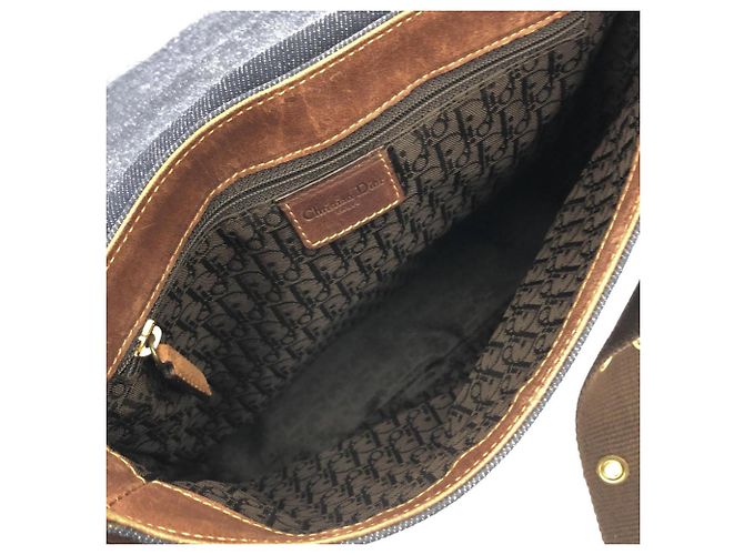 Borsa a tracolla in denim e pelle Christian Dior Marrone Blu - vista 7