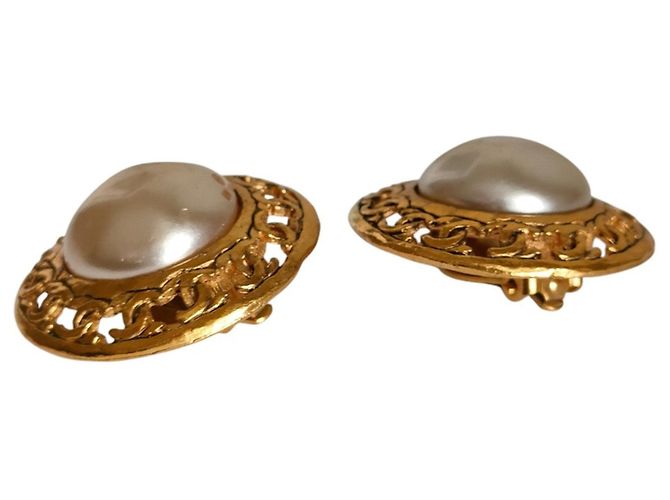 CHANEL 25 Coco Mark Metal Faux Pearl Clip Earrings Golden - view 3