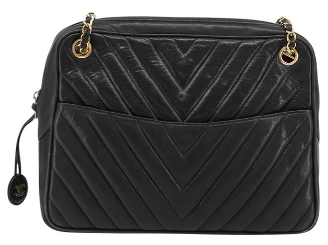 CHANEL V Stitch Chain Schultertasche aus Lammleder Schwarz Gold CC Auth BA13037 Golden - Ansicht 2