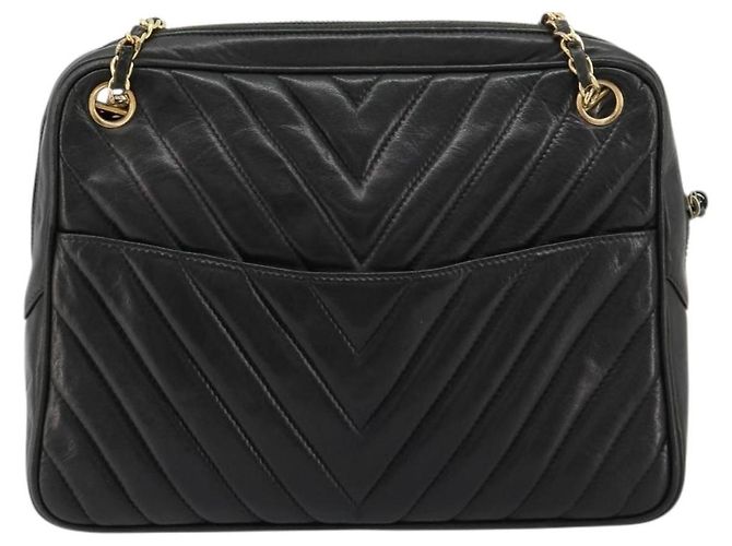 CHANEL V Stitch Chain Schultertasche aus Lammleder Schwarz Gold CC Auth BA13037 Golden - Ansicht 3