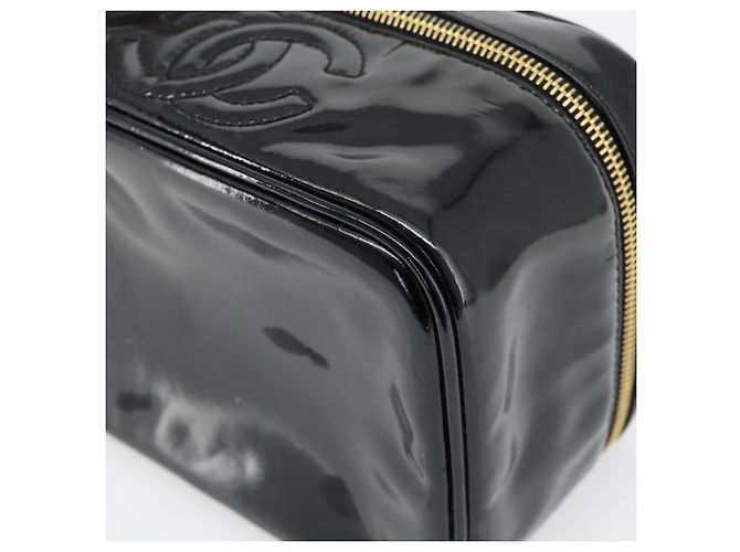 CHANEL COCO Mark Vanity Hand Bag Pelle Verniciata Nero Oro CC Auth 181704 D'oro - vista 10
