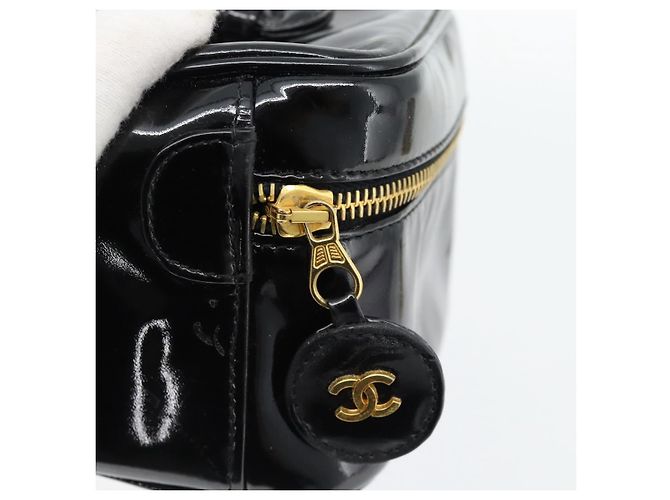 CHANEL COCO Mark Vanity Hand Bag Pelle Verniciata Nero Oro CC Auth 181704 D'oro - vista 14