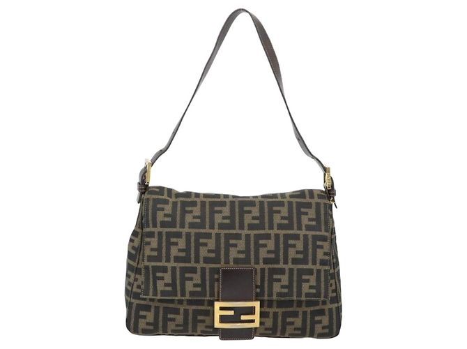 FENDI Zucca Canvas Mamma Baguette Shoulder Bag Black Brown Auth 181871M Marrone Nero - vista 2