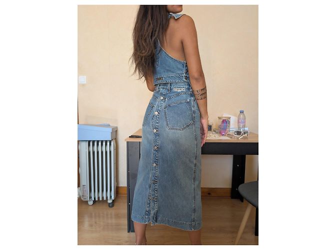 Jean Paul Gaultier Conjunto de Top Bustier e Saia Longa em Denim - vista 3