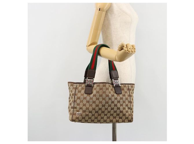 Borsa GUCCI GG Canvas Web Sherry Line Beige Argento Auth 178849 - vista 23