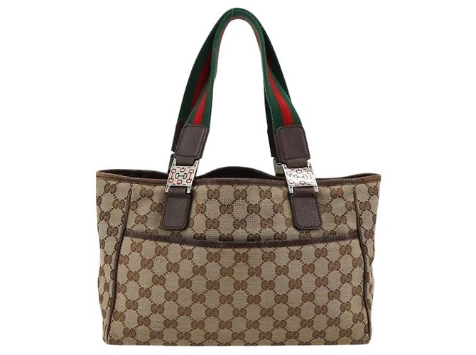 Borsa GUCCI GG Canvas Web Sherry Line Beige Argento Auth 178849 - vista 3