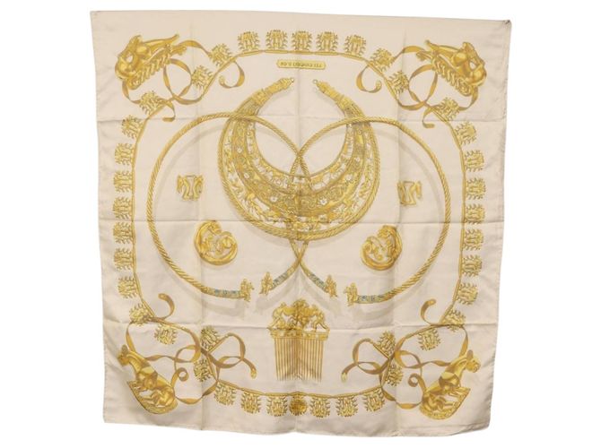Hermès HERMES Carré 90 Schal "LES CAVALIERS D'OR" Seide Weiß Authentisch 181286 - view 15
