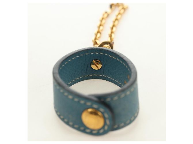 Hermès Handschuhhalter Charm aus Leder Hellblau Gold Auth 181292V Golden - Ansicht 9