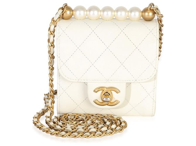Timeless Clutch Chanel White Lambskin Quilted Chic Pearls On Chain Bianco - vista 8