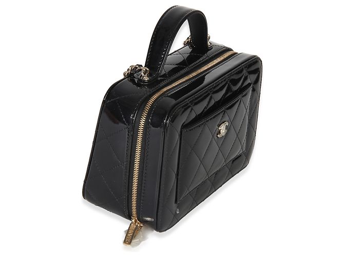 Vanity Chanel Black Quilted Patent Top Handle Con Catena Nero - vista 4