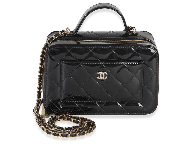Vanity Chanel Black Quilted Patent Top Handle Con Catena Nero - vista 8