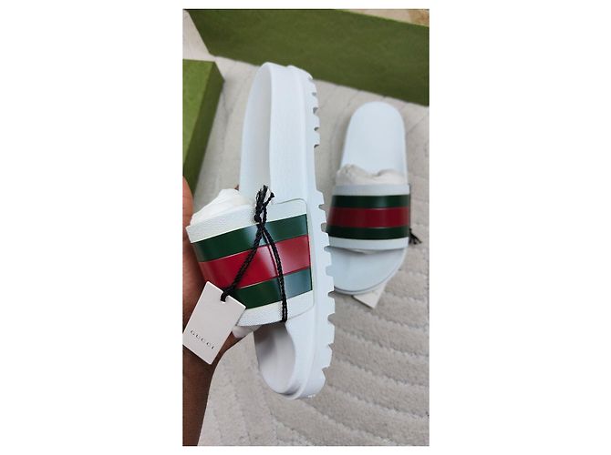 Gucci Web Sandali in gomma bianchi Bianco Rosso Verde - vista 6