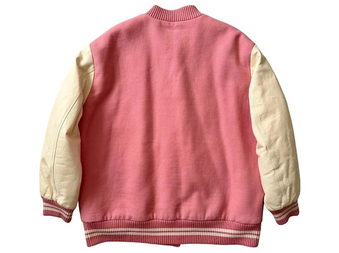 Miu Miu Giacca Varsity in Lana e Pelle Rosa Bianco - vista 2