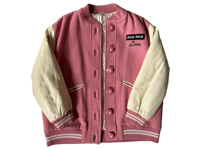 Miu Miu Giacca Varsity in Lana e Pelle Rosa Bianco - vista 3