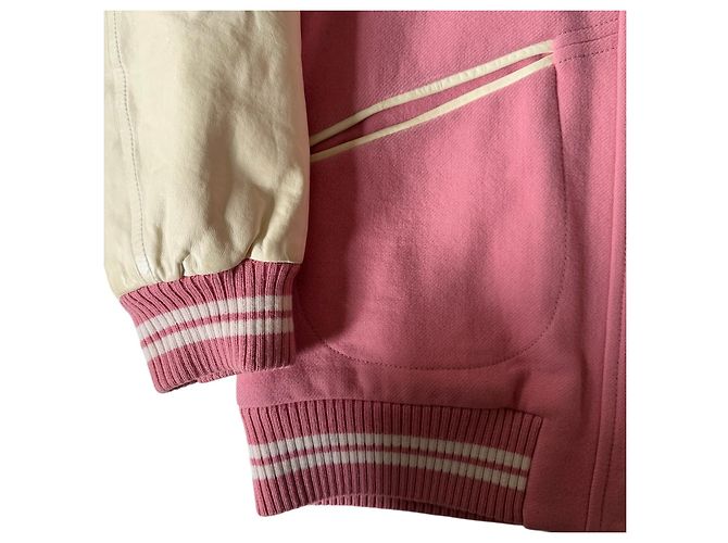 Miu Miu Giacca Varsity in Lana e Pelle Rosa Bianco - vista 5