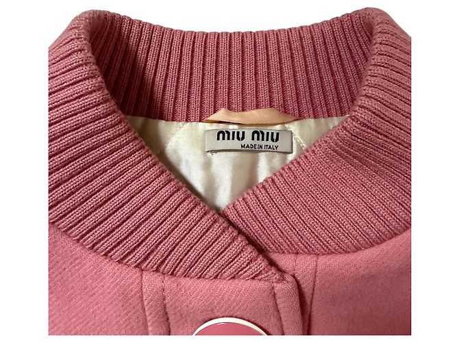 Miu Miu Giacca Varsity in Lana e Pelle Rosa Bianco - vista 6