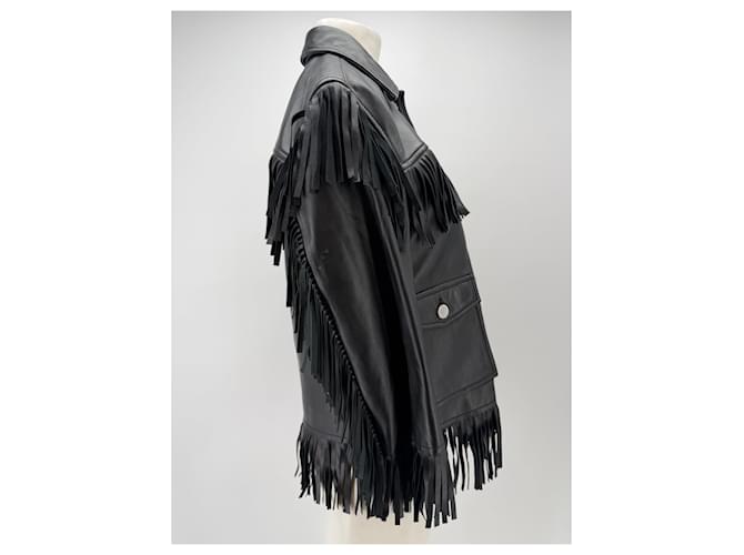 Sandro Schwarze Lederjacke mit Fransen - Ansicht 3