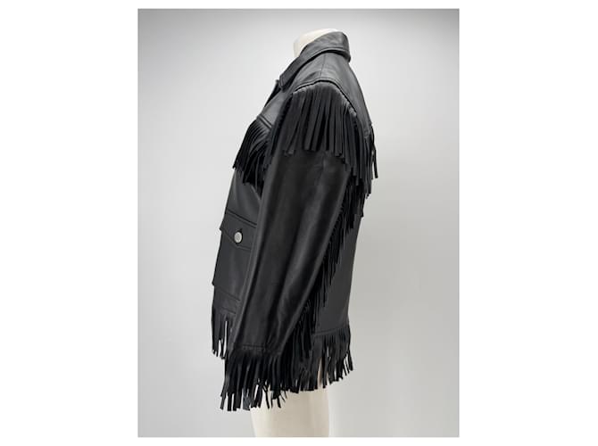 Sandro Schwarze Lederjacke mit Fransen - Ansicht 4