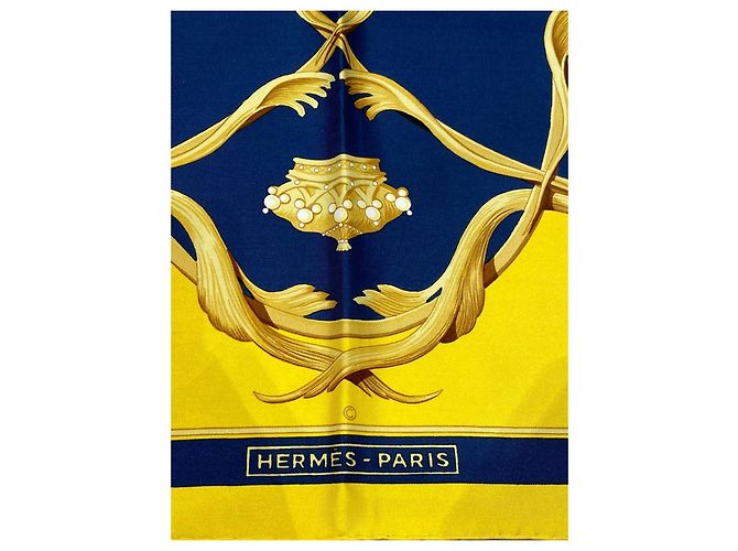 Hermès Couronnes Foulard Seta - Giallo e Blu Navy - vista 3