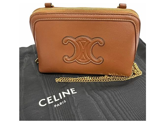 Céline Borsa a tracolla con catena Celine in pelle di vitello liscia Cuile Triomphe Marrone - vista 2
