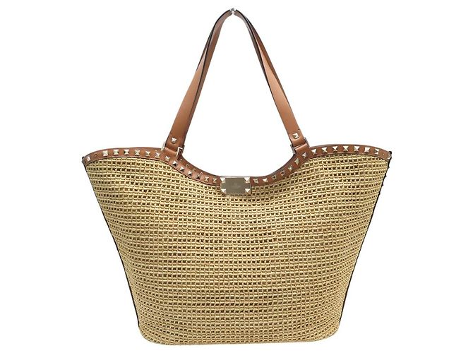 BORSA TOTE VALENTINO ROCKSTUD IN RAFIA E PELLE Beige - vista 2